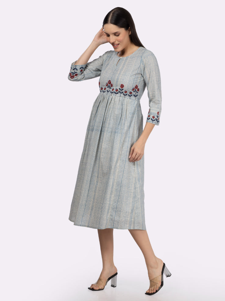 Blue Cotton Embroidered Dress with Micro Grid Print