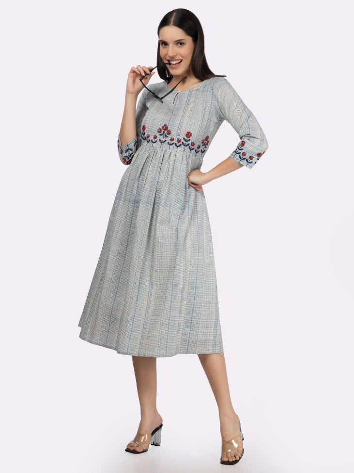 Blue Cotton Embroidered Dress with Micro Grid Print