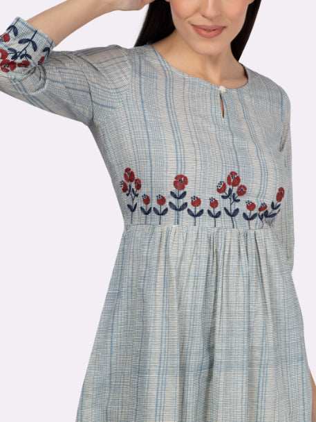 Blue Cotton Embroidered Dress with Micro Grid Print