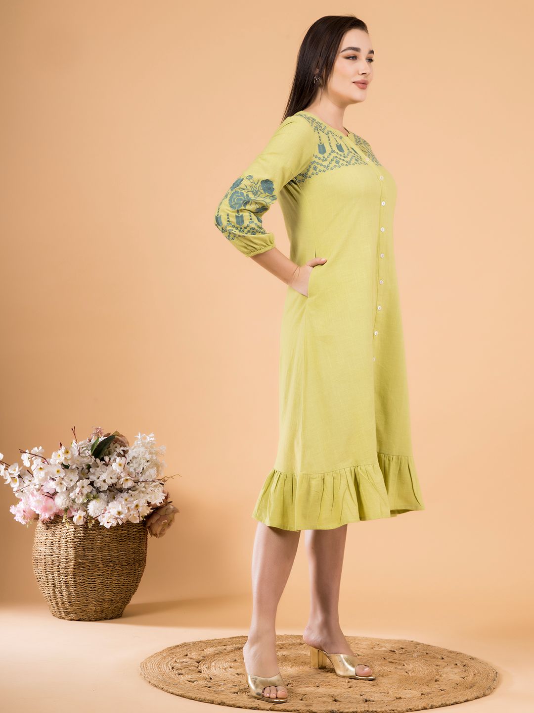Lime Green Boho Midi Dress with Embroidered Details Saffron Threads Lime Green Boho Midi Dress with Embroidered Details Saffron Threads
