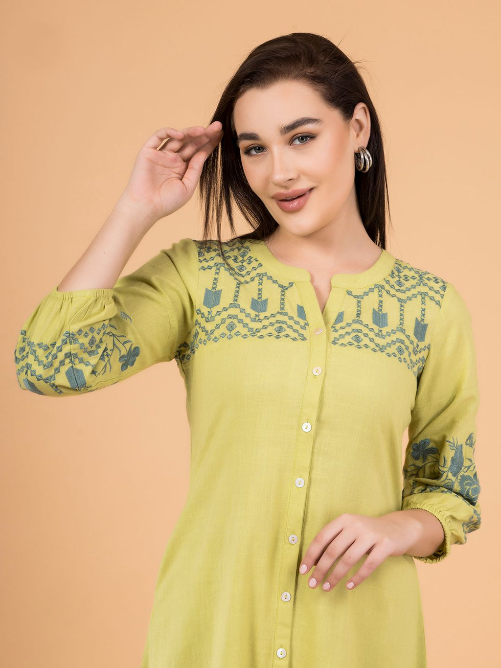 Lime Green Boho Midi Dress with Embroidered Details – Saffron Threads