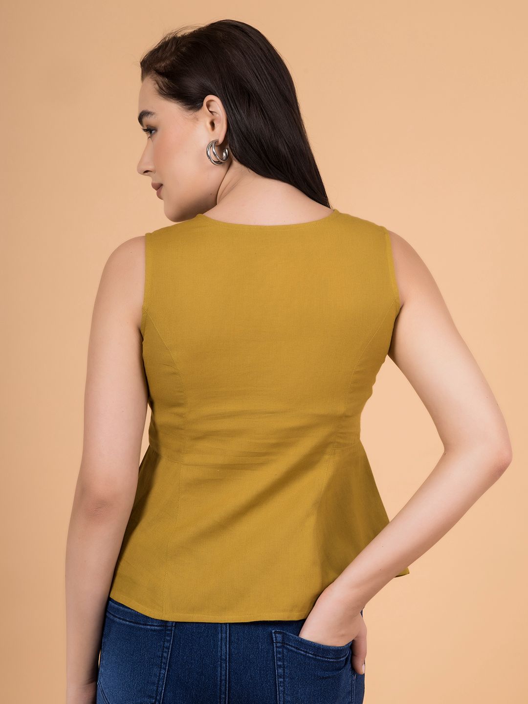 Alpine Mustard Solid Button-Down Peplum Top