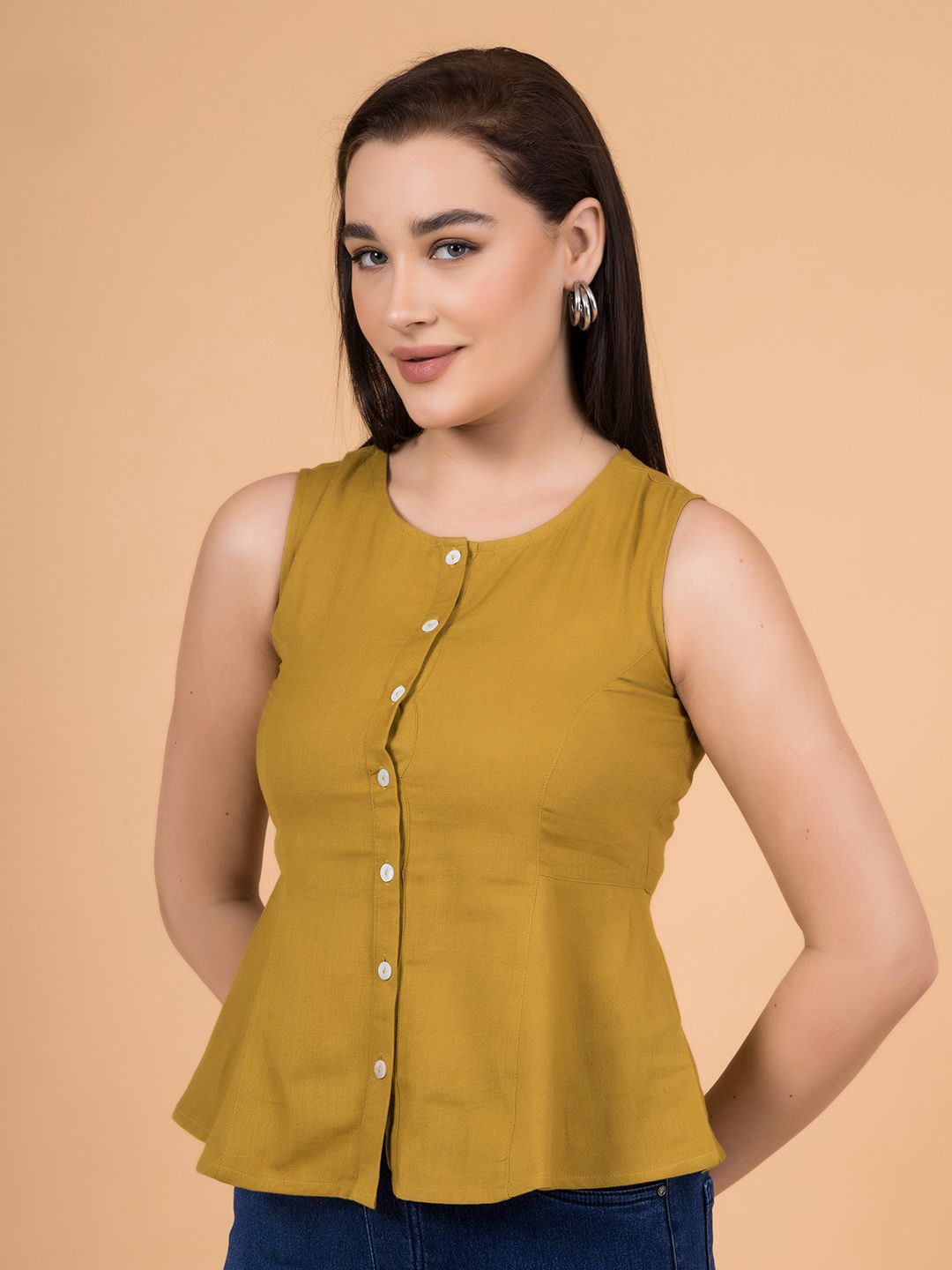 Alpine Mustard Solid Button-Down Peplum Top