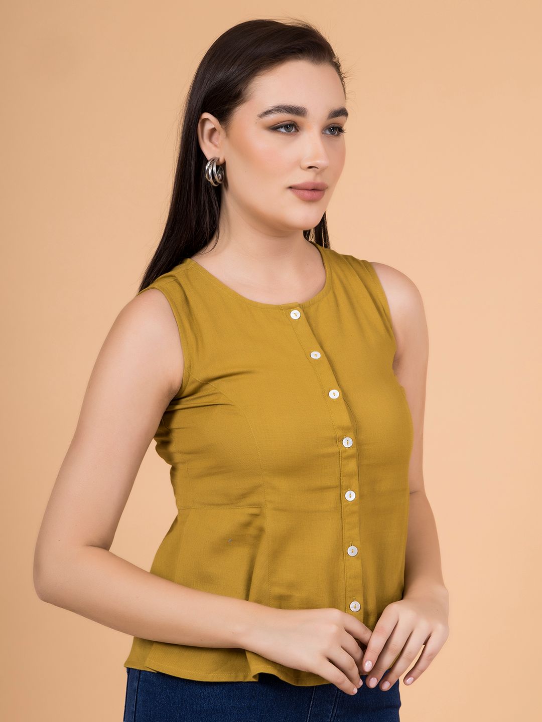 Alpine Mustard Solid Button-Down Peplum Top