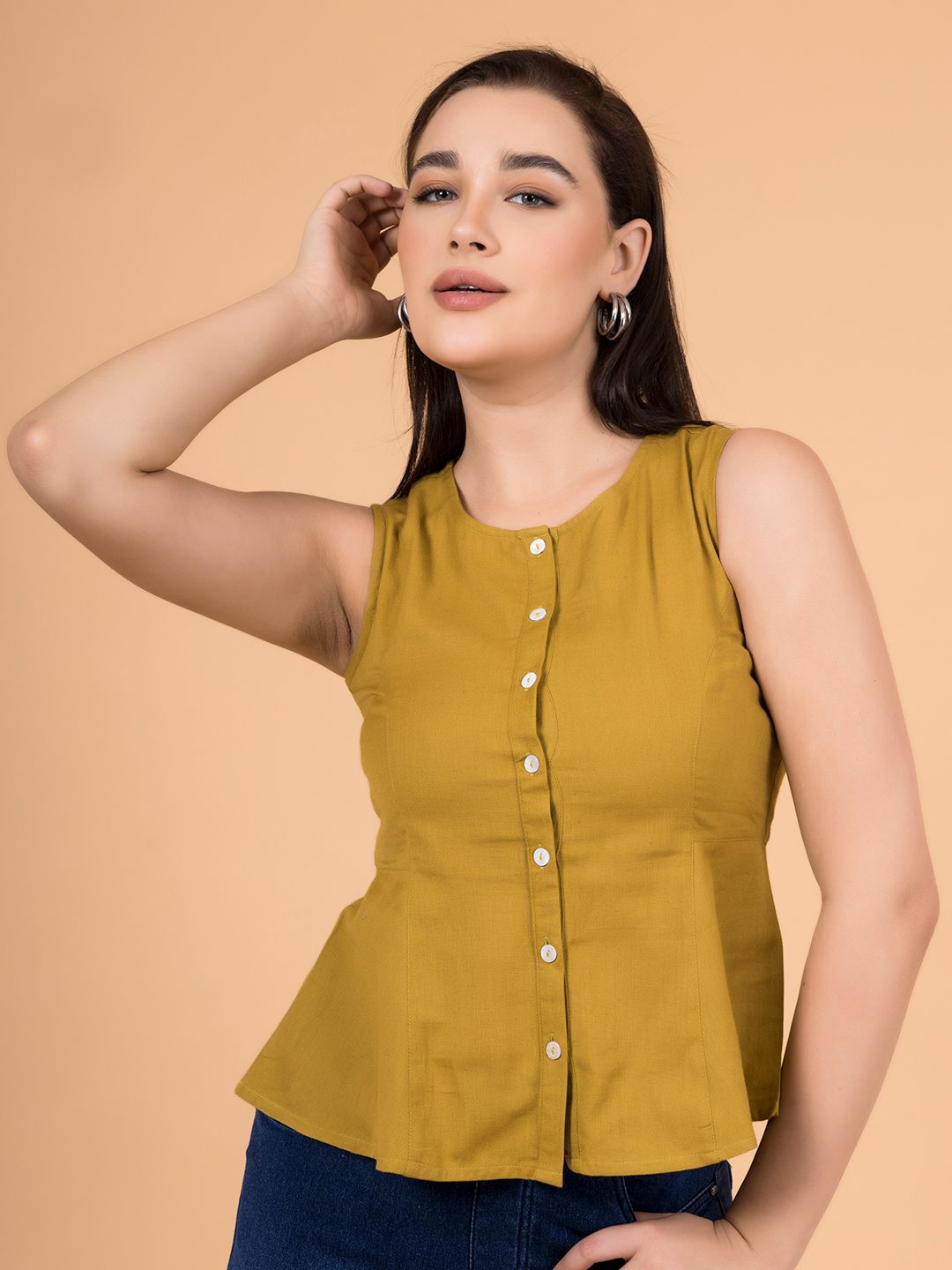 Alpine Mustard Solid Button-Down Peplum Top