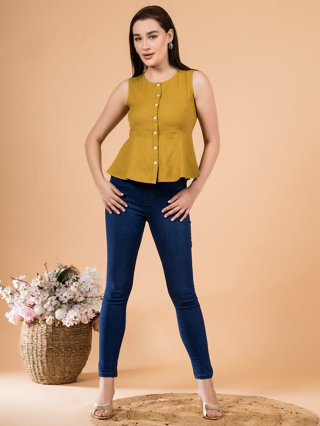 Alpine Mustard Solid Button-Down Peplum Top