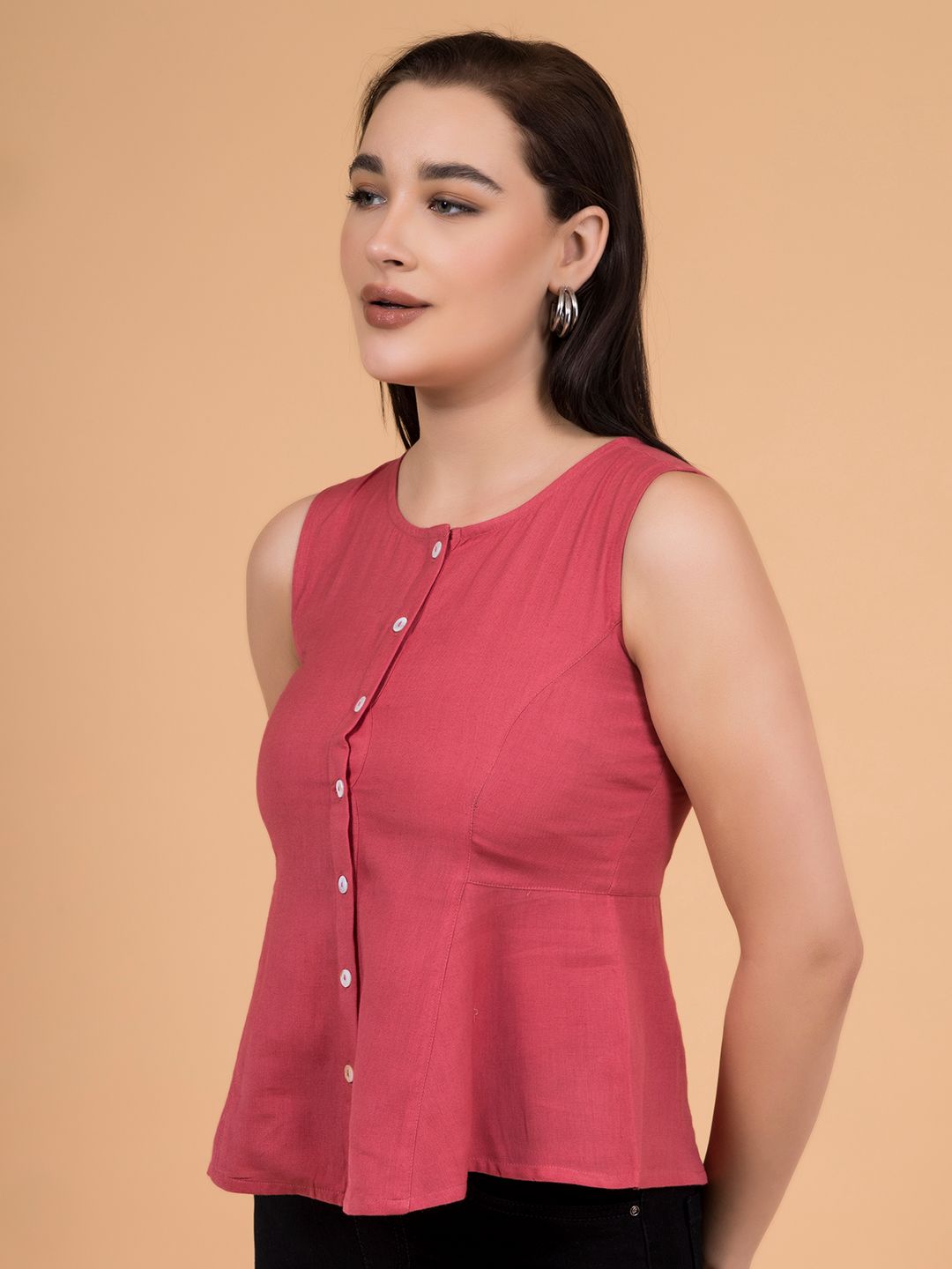 Brink Pink Solid Button-Down Peplum Top