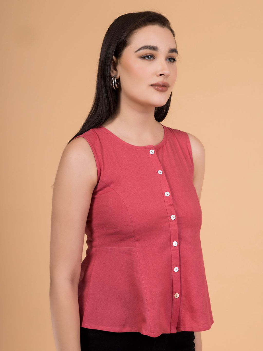 Brink Pink Solid Button-Down Peplum Top