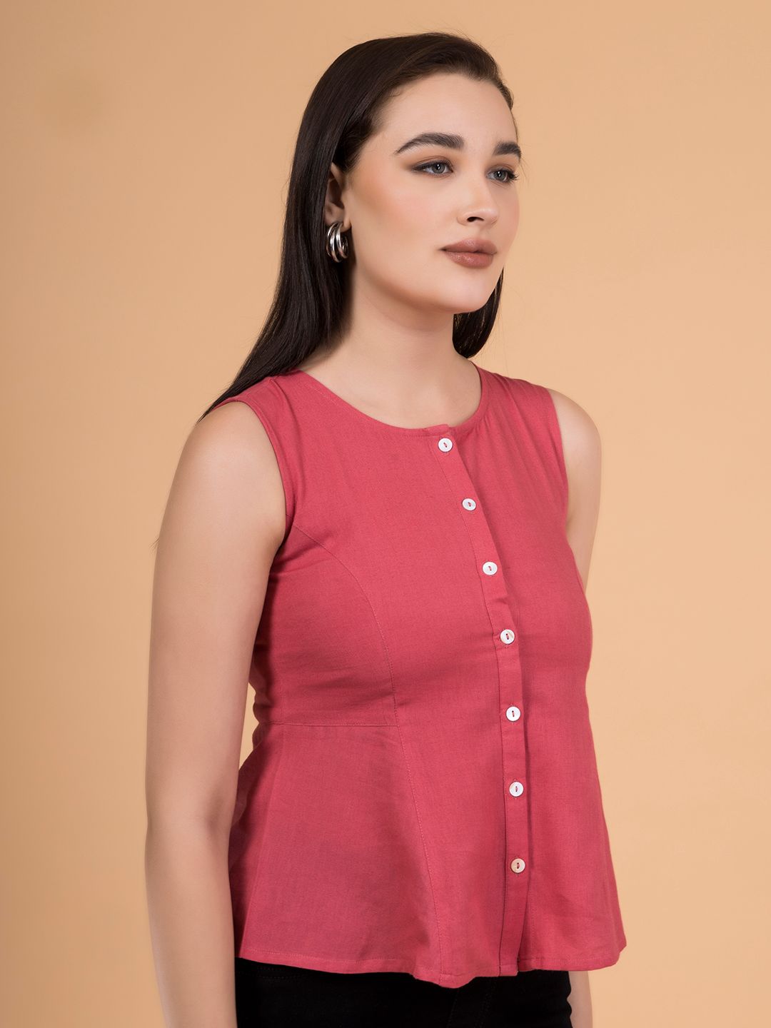 Brink Pink Solid Button-Down Peplum Top
