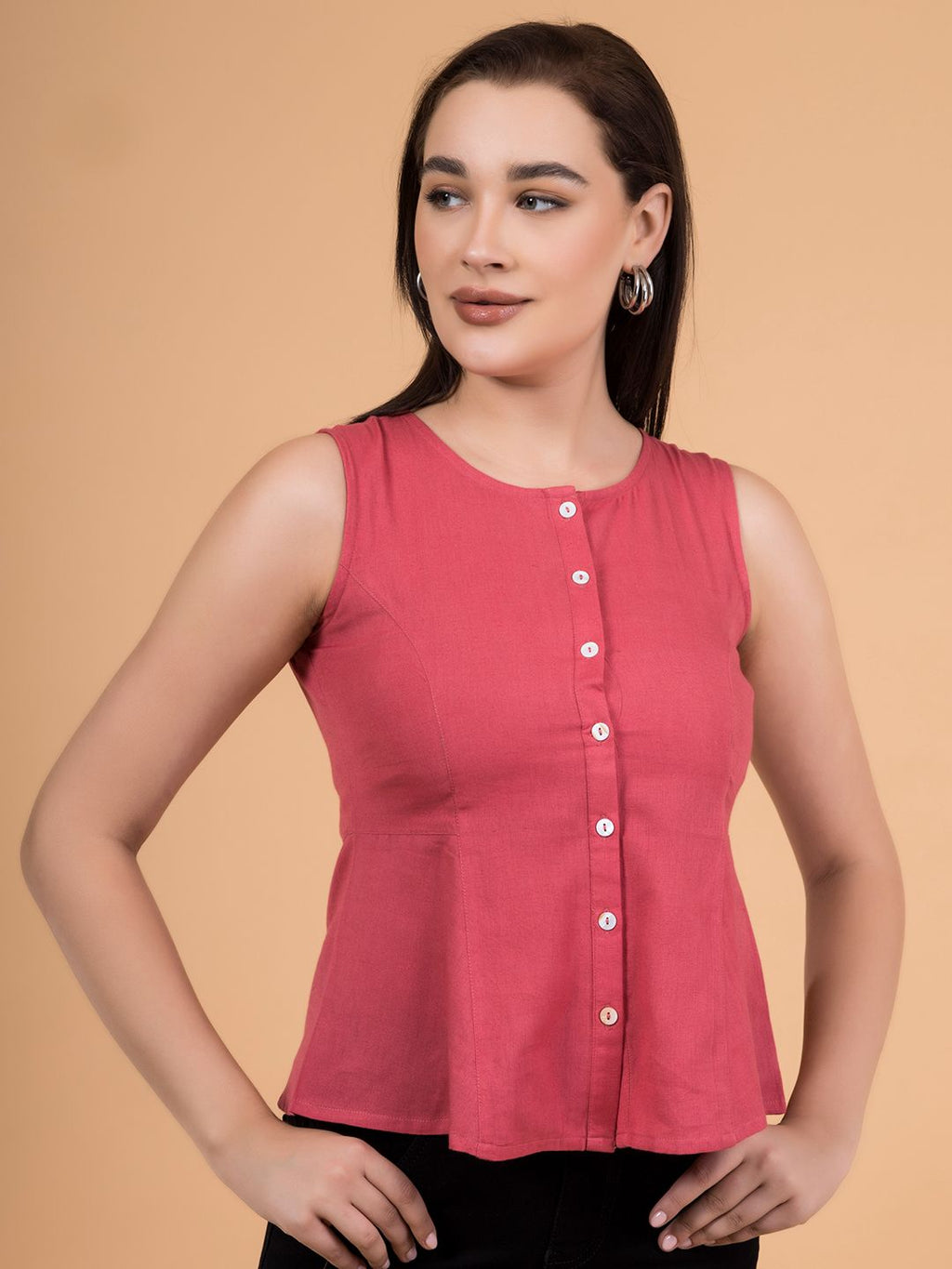 Brink Pink Solid Button-Down Peplum Top