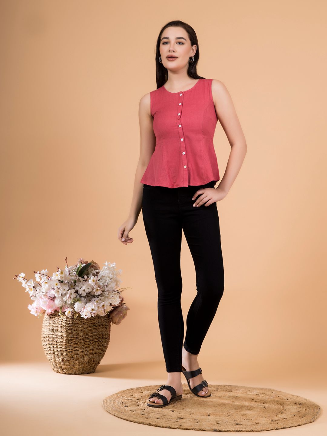 Brink Pink Solid Button-Down Peplum Top