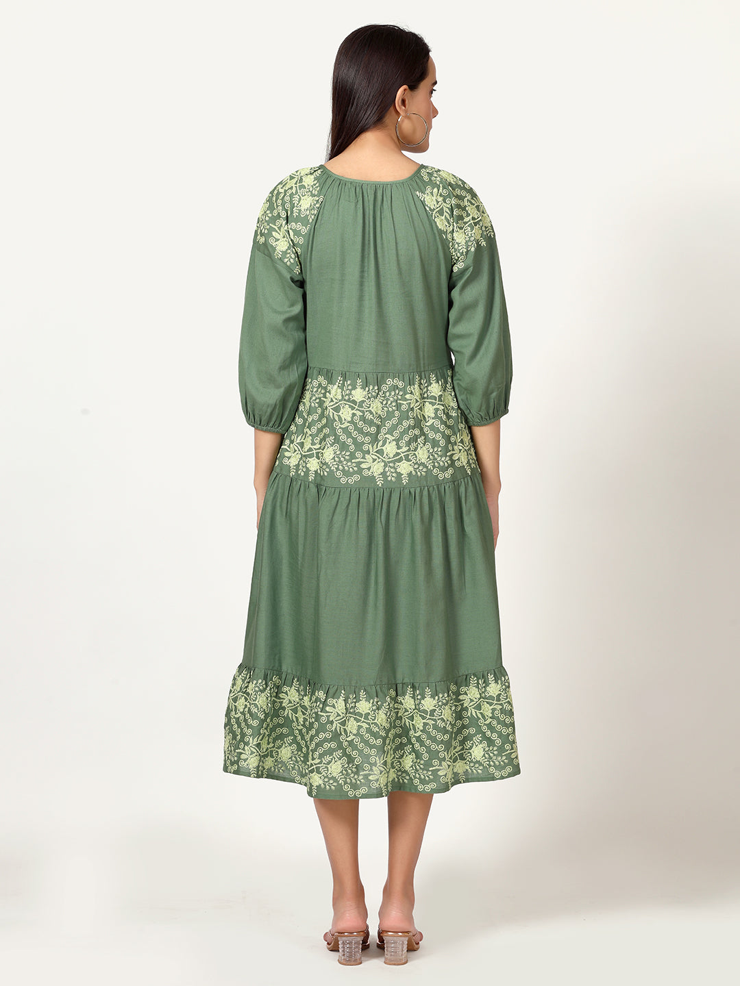 Green Cotton Linen Embroidered Dress with Neck Tie-up