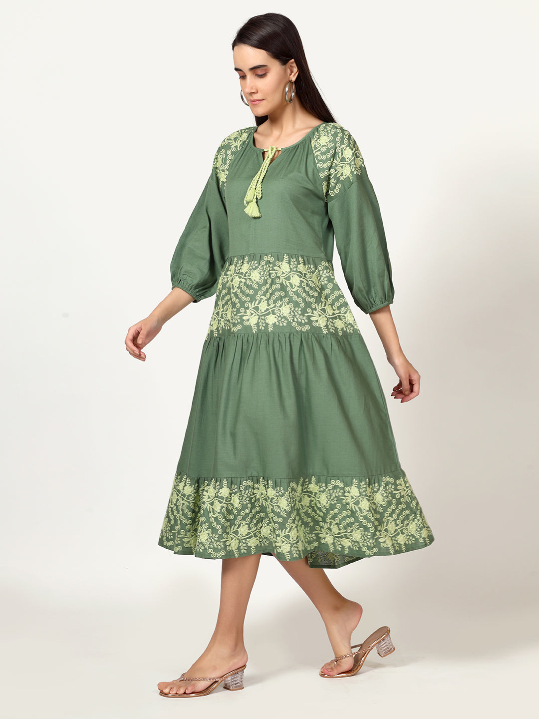 Green Cotton Linen Embroidered Dress with Neck Tie-up