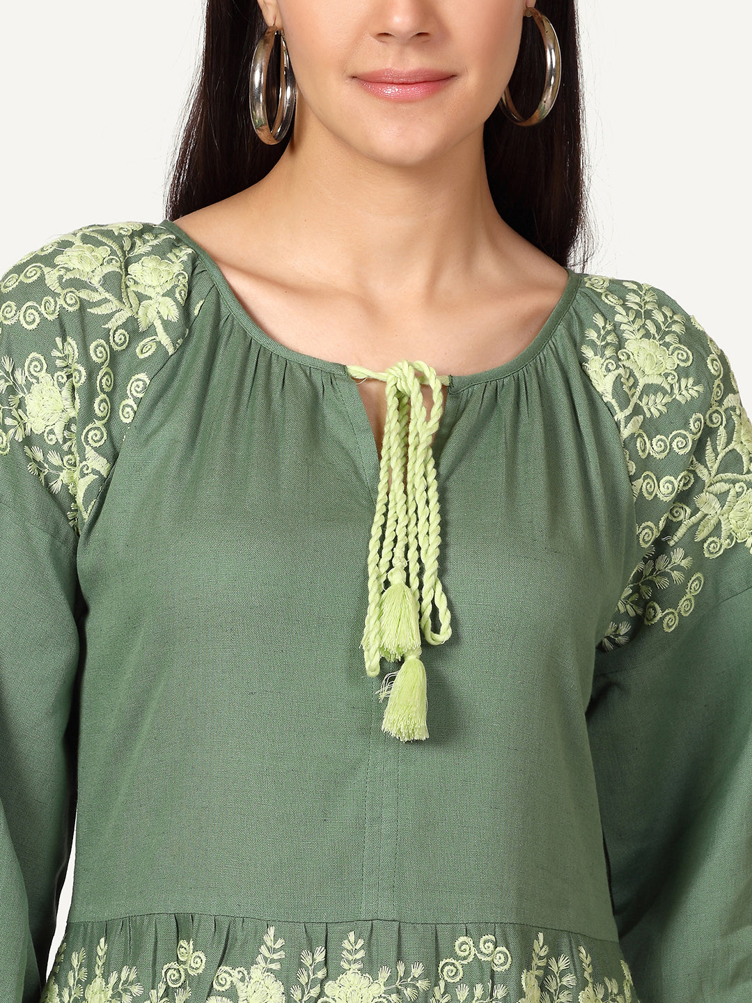 Green Cotton Linen Embroidered Dress with Neck Tie-up