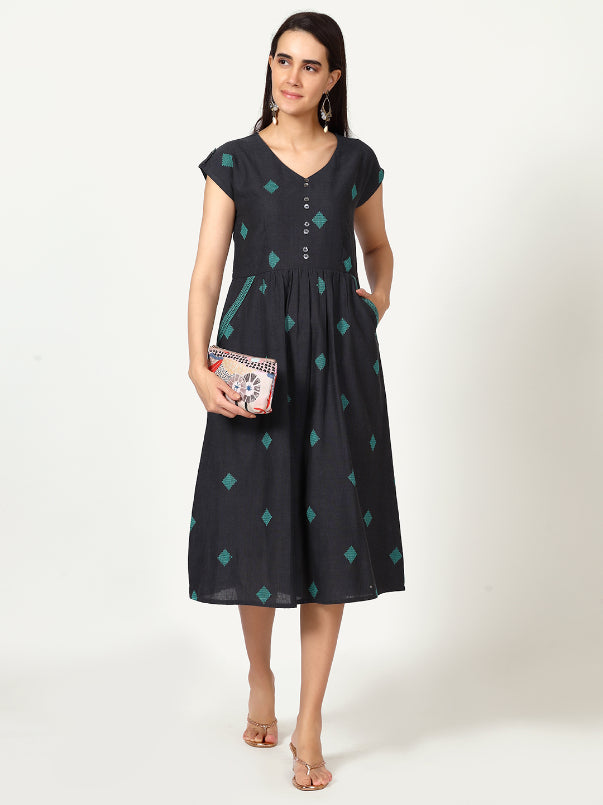 Grey Geometric Woven Design Midi Dress with Embroidered Pockets