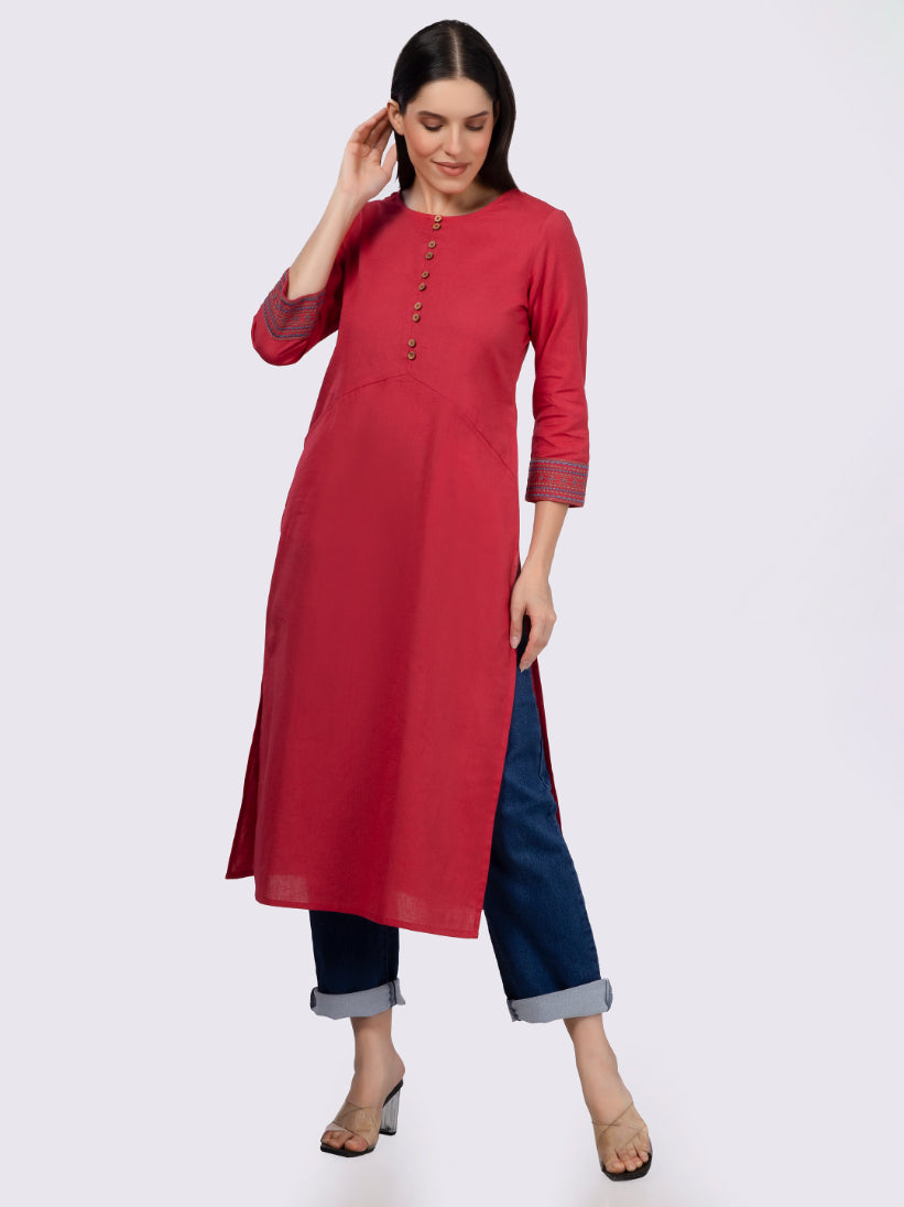 Red Solid Cotton Kurta with Pockets & Sleeve Embroidery