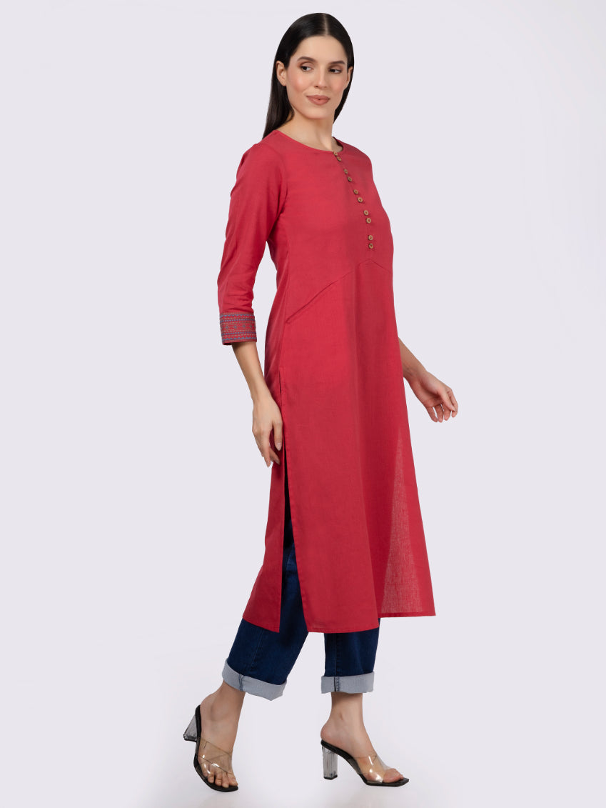 Red Solid Cotton Kurta with Pockets & Sleeve Embroidery