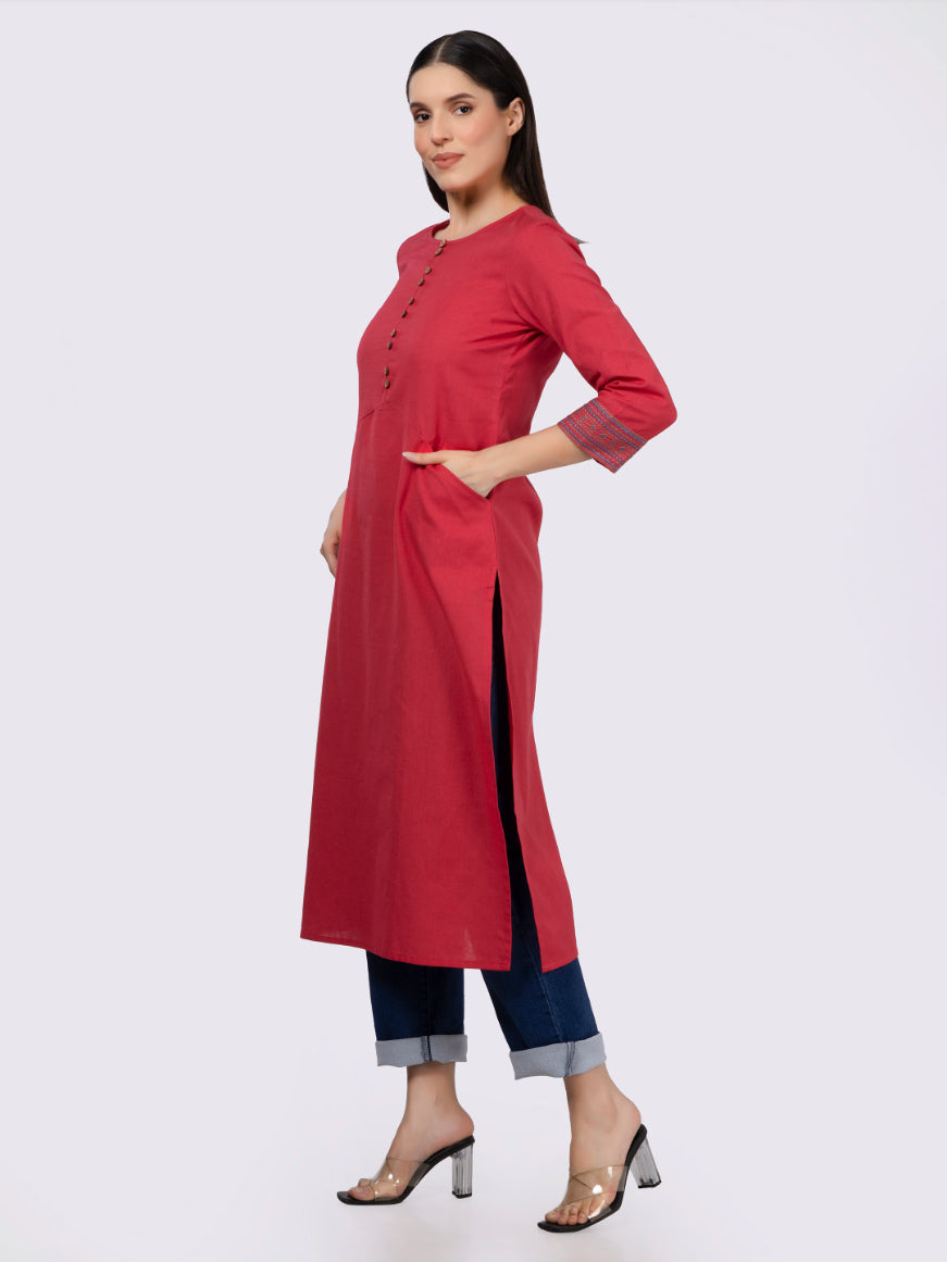 Red Solid Cotton Kurta with Pockets & Sleeve Embroidery