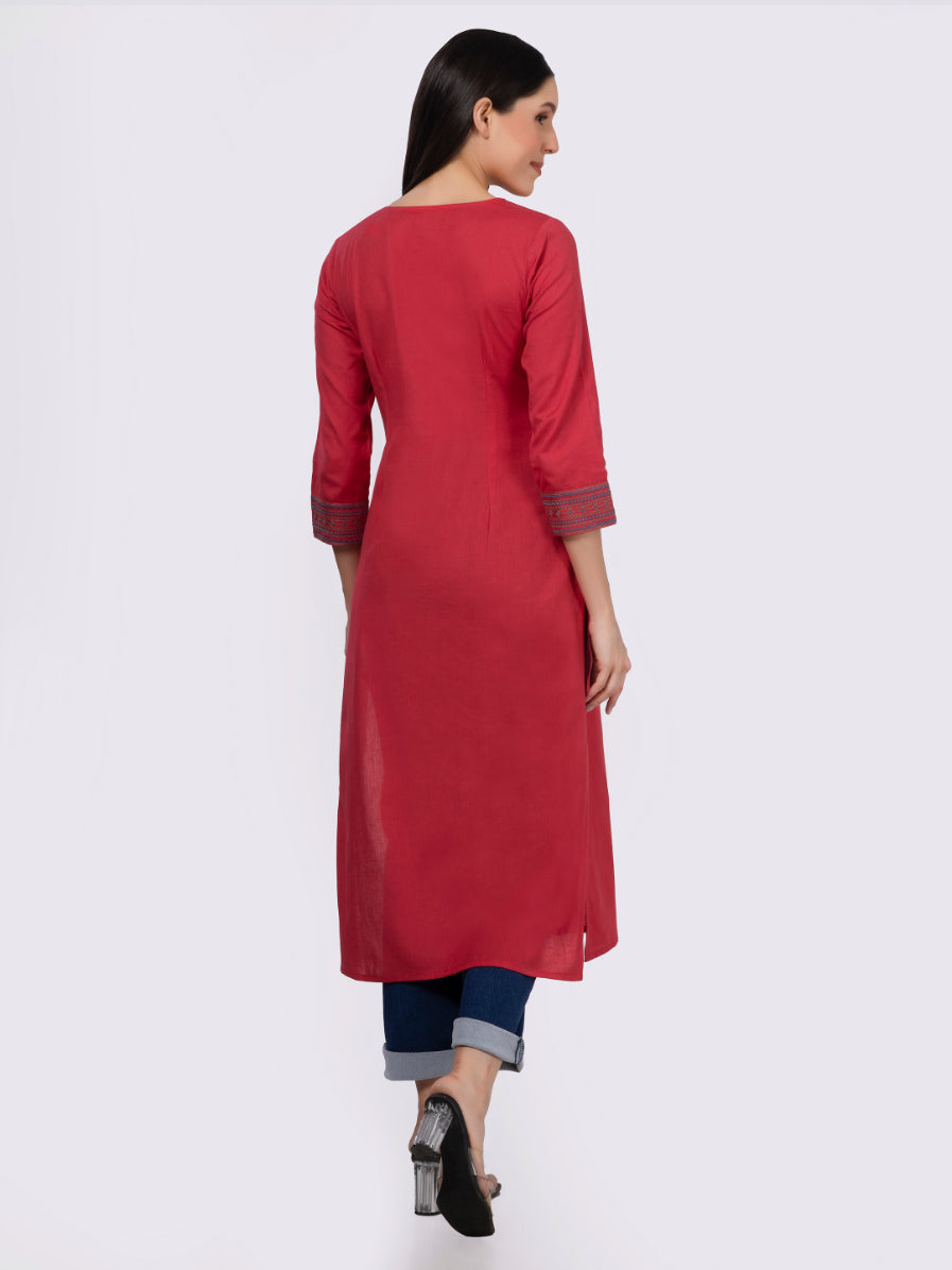Red Solid Cotton Kurta with Pockets & Sleeve Embroidery