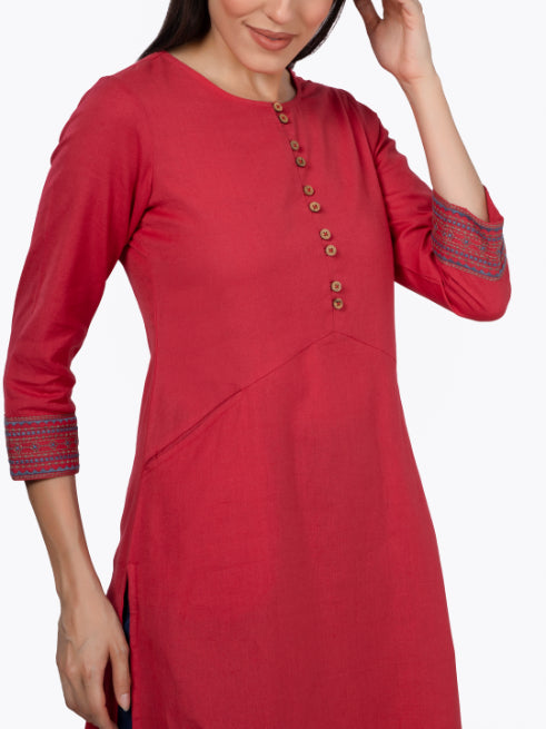 Red Solid Cotton Kurta with Pockets & Sleeve Embroidery