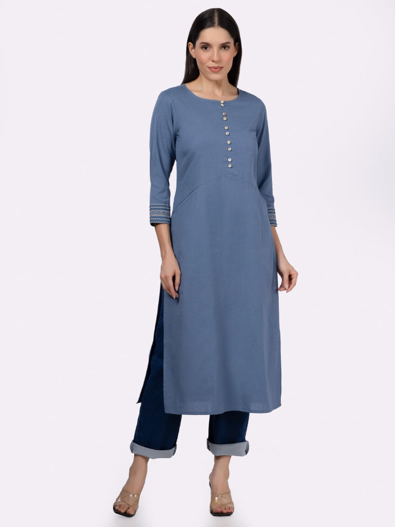 Blue Solid Cotton Kurta with Pockets & Sleeve Embroidery