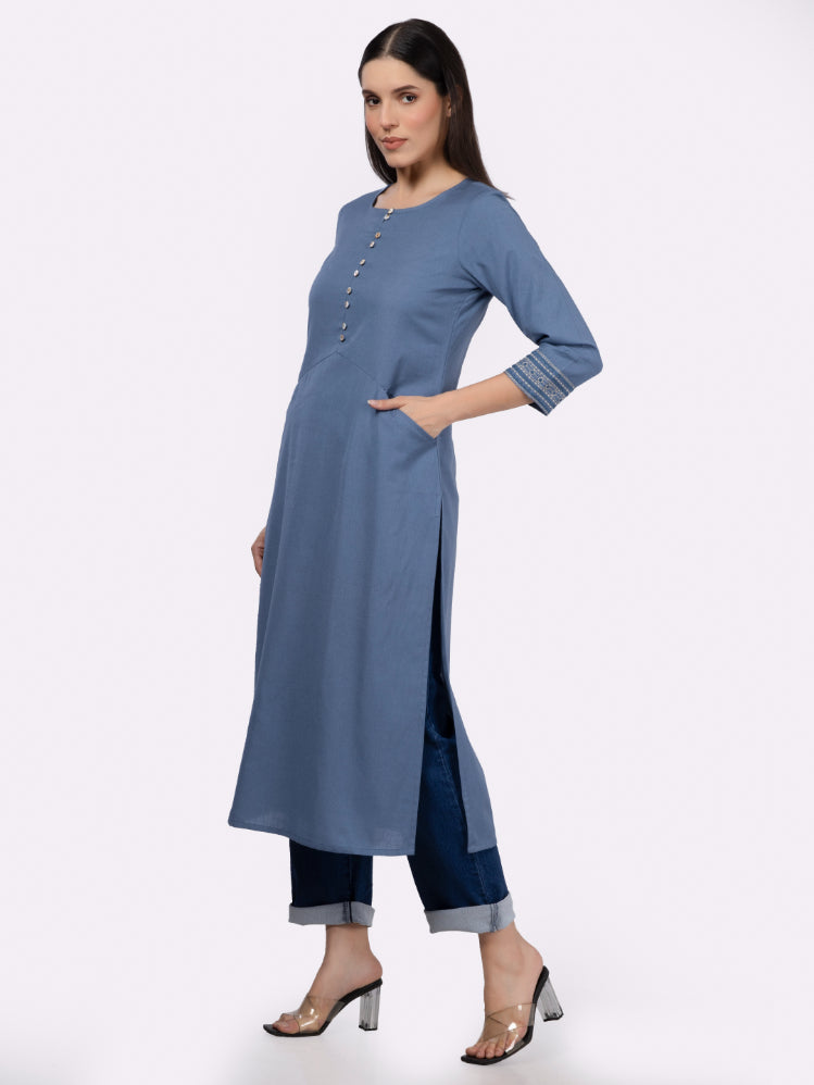Blue Solid Cotton Kurta with Pockets & Sleeve Embroidery