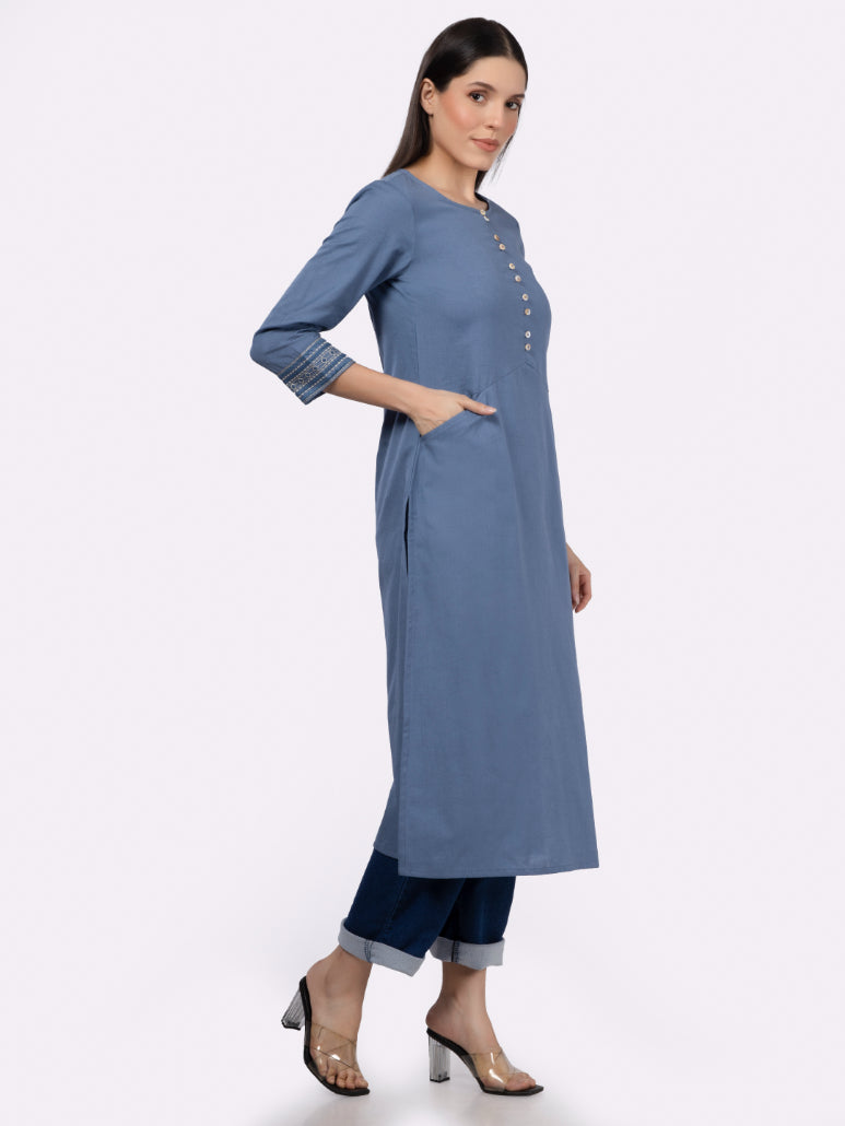 Blue Solid Cotton Kurta with Pockets & Sleeve Embroidery
