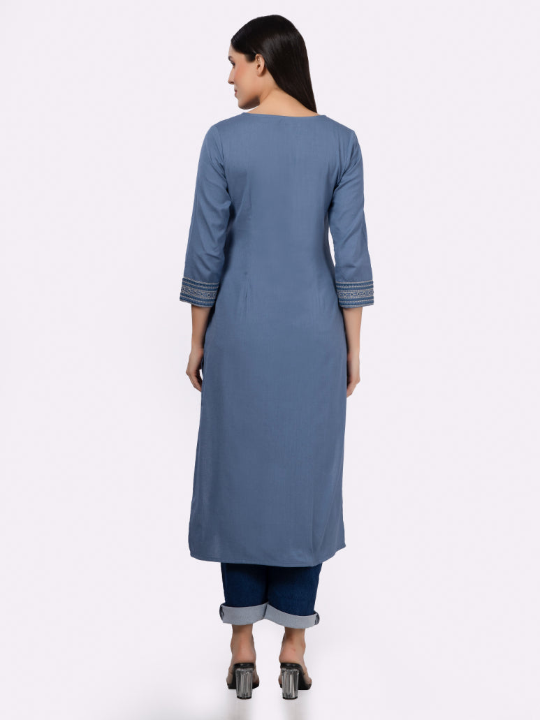 Blue Solid Cotton Kurta with Pockets & Sleeve Embroidery