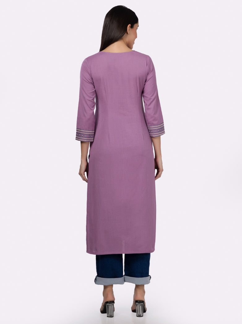 Mauve Solid Cotton Kurta with Pockets & Sleeve Embroidery