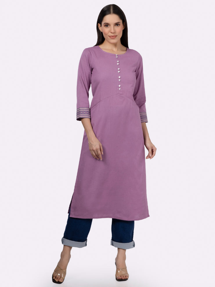 Mauve Solid Cotton Kurta with Pockets & Sleeve Embroidery