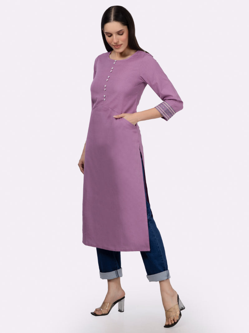 Mauve Solid Cotton Kurta with Pockets & Sleeve Embroidery
