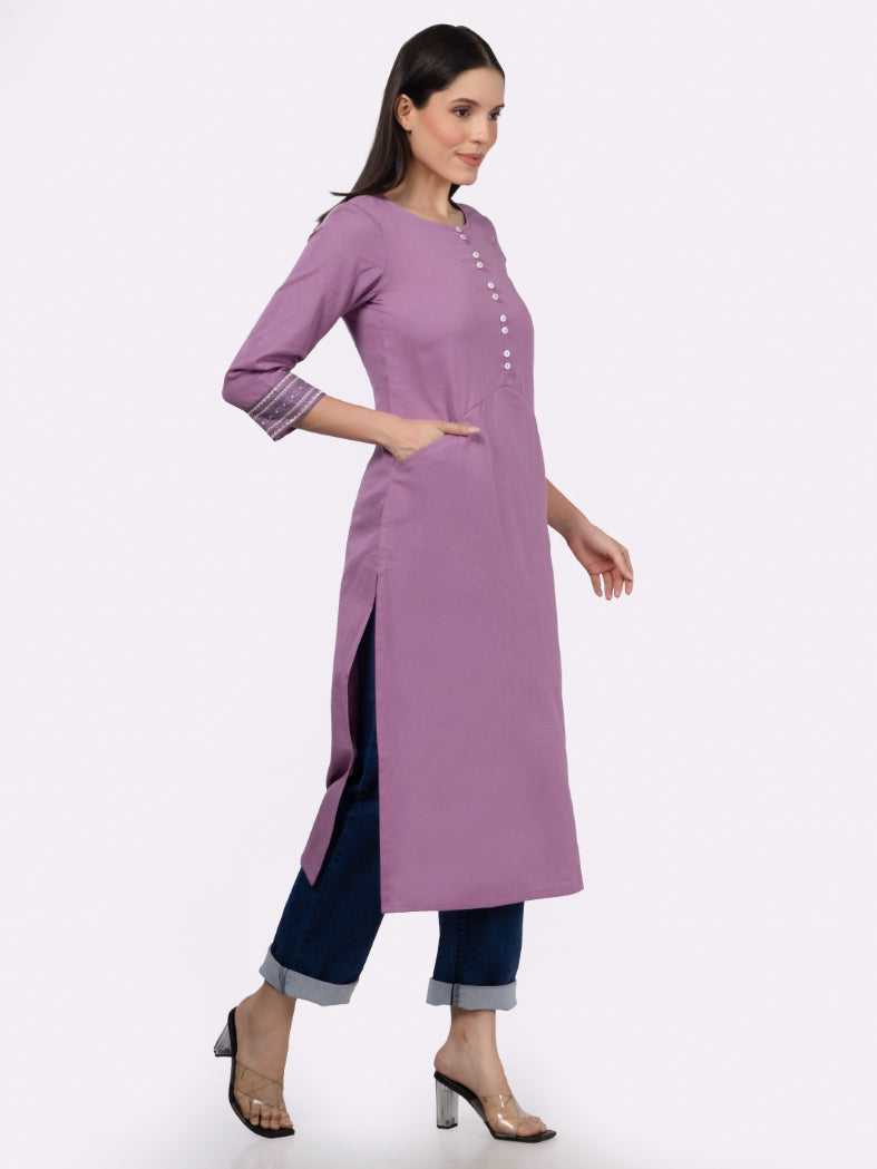 Mauve Solid Cotton Kurta with Pockets & Sleeve Embroidery