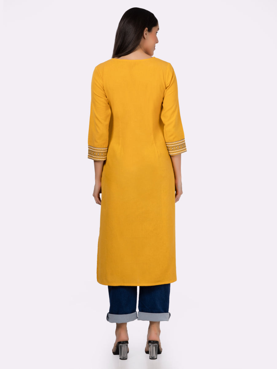 Yellow Solid Cotton Kurta with Pockets & Sleeve Embroidery