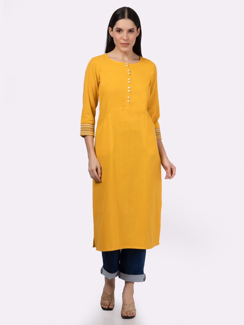Yellow Solid Cotton Kurta with Pockets & Sleeve Embroidery
