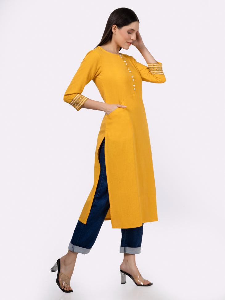 Yellow Solid Cotton Kurta with Pockets & Sleeve Embroidery