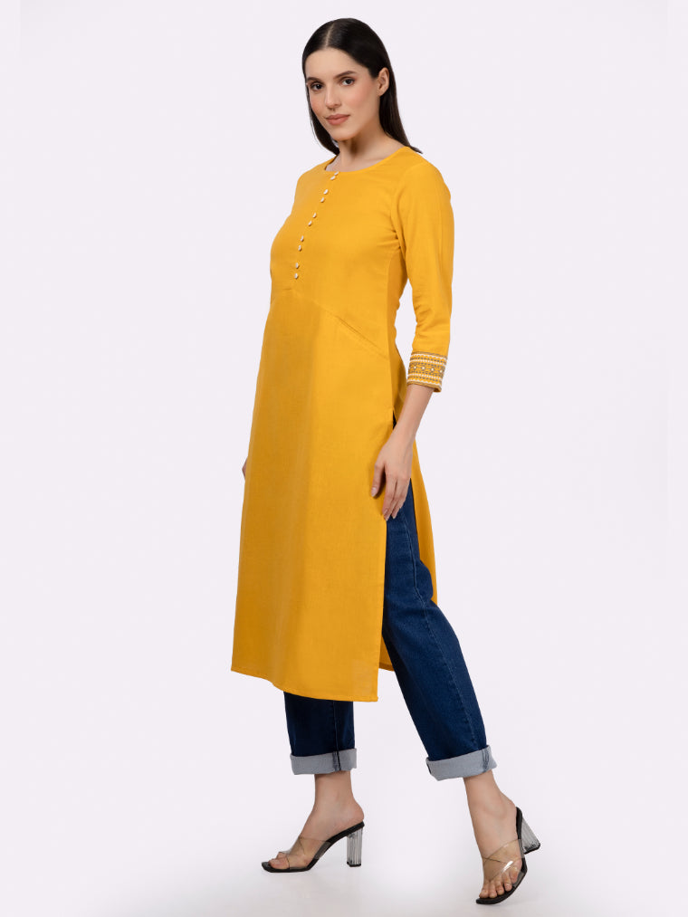 Yellow Solid Cotton Kurta with Pockets & Sleeve Embroidery