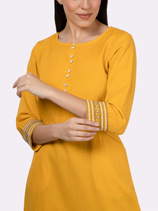 Yellow Solid Cotton Kurta with Pockets & Sleeve Embroidery