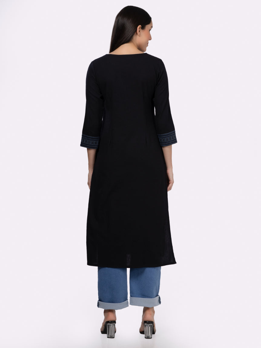 Black Solid Cotton Kurta with Pockets & Sleeve Embroidery