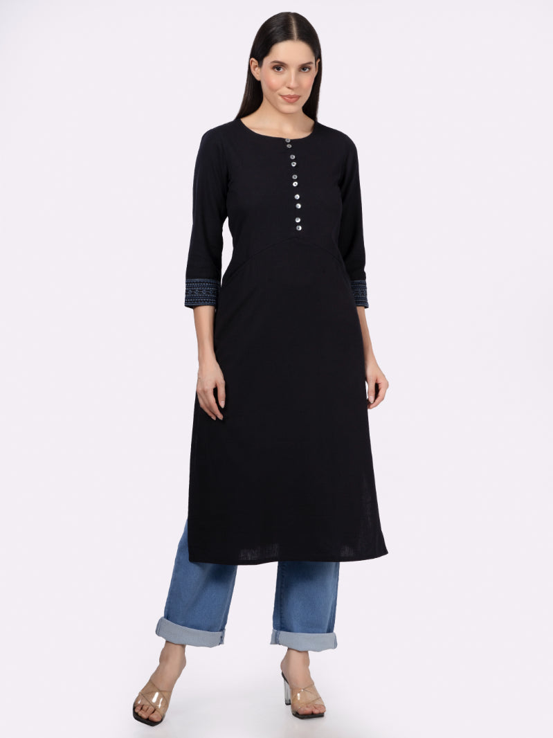 Black Solid Cotton Kurta with Pockets & Sleeve Embroidery