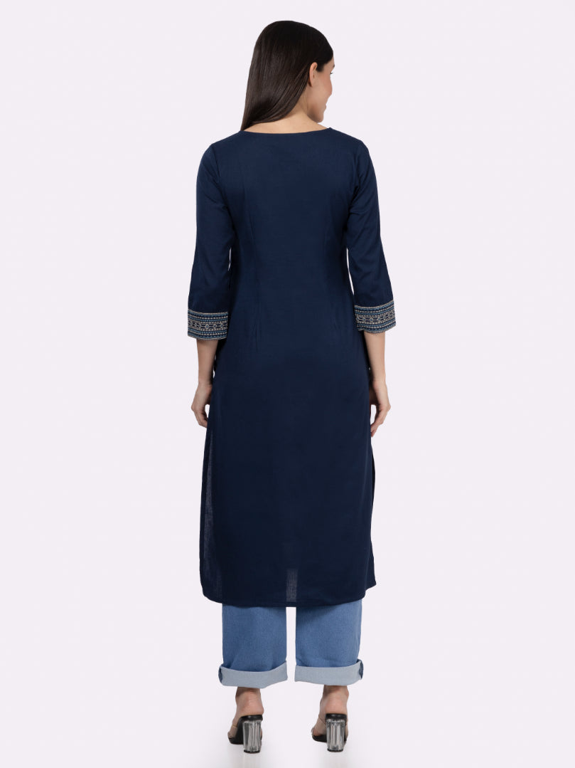 Navy Solid Cotton Kurta with Pockets & Sleeve Embroidery