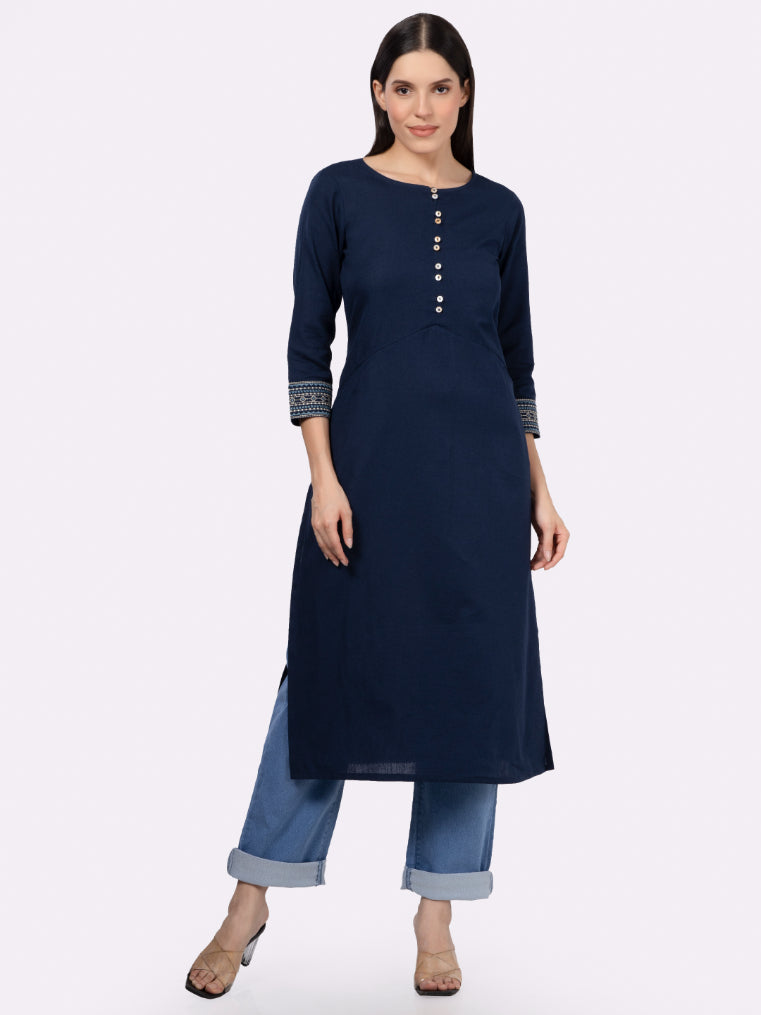 Navy Solid Cotton Kurta with Pockets & Sleeve Embroidery
