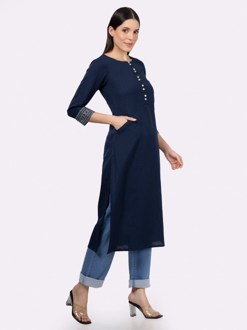 Navy Solid Cotton Kurta with Pockets & Sleeve Embroidery