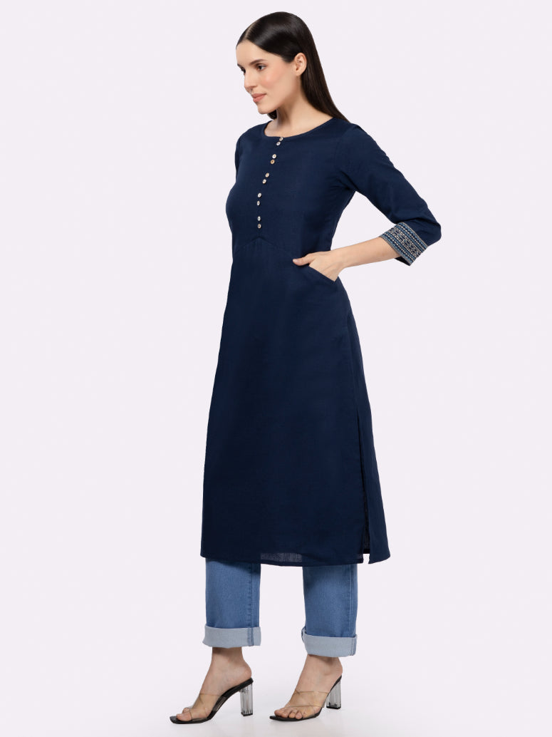 Navy Solid Cotton Kurta with Pockets & Sleeve Embroidery