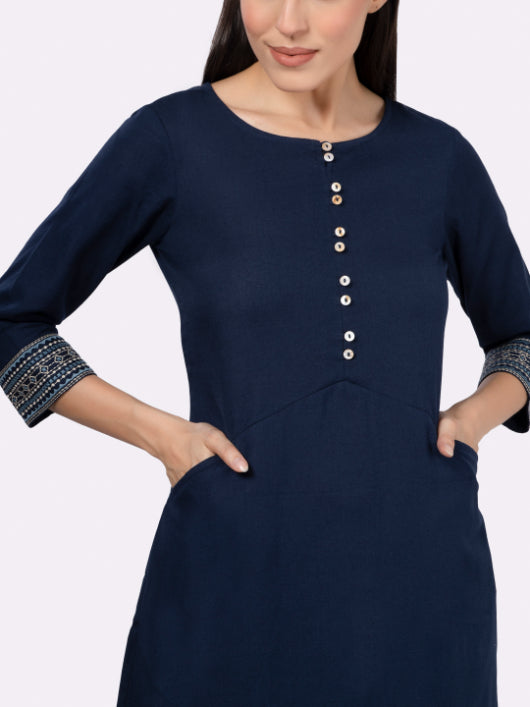 Navy Solid Cotton Kurta with Pockets & Sleeve Embroidery