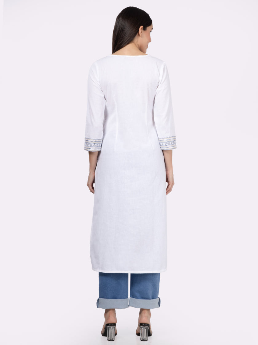 White Solid Cotton Kurta with Pockets & Sleeve Embroidery