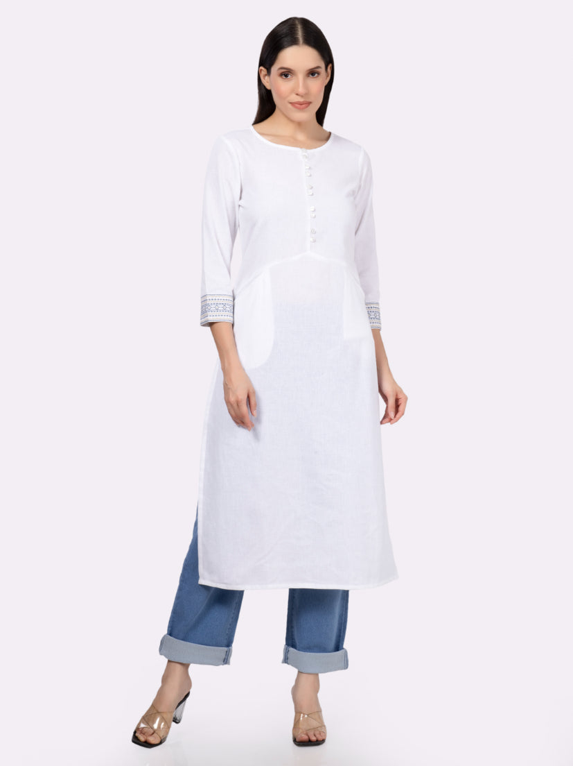 White Solid Cotton Kurta with Pockets & Sleeve Embroidery