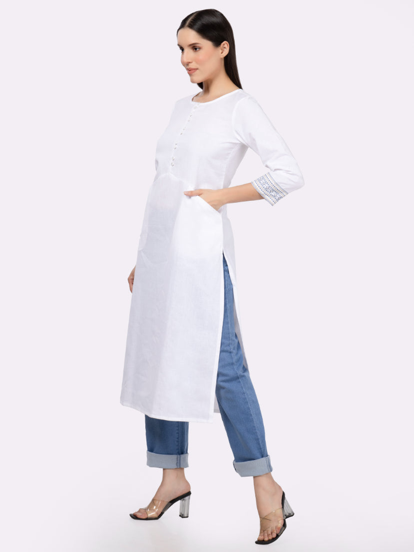 White Solid Cotton Kurta with Pockets & Sleeve Embroidery