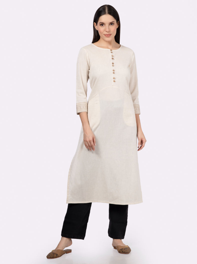 Off White Solid Cotton Kurta with Pockets & Sleeve Embroidery