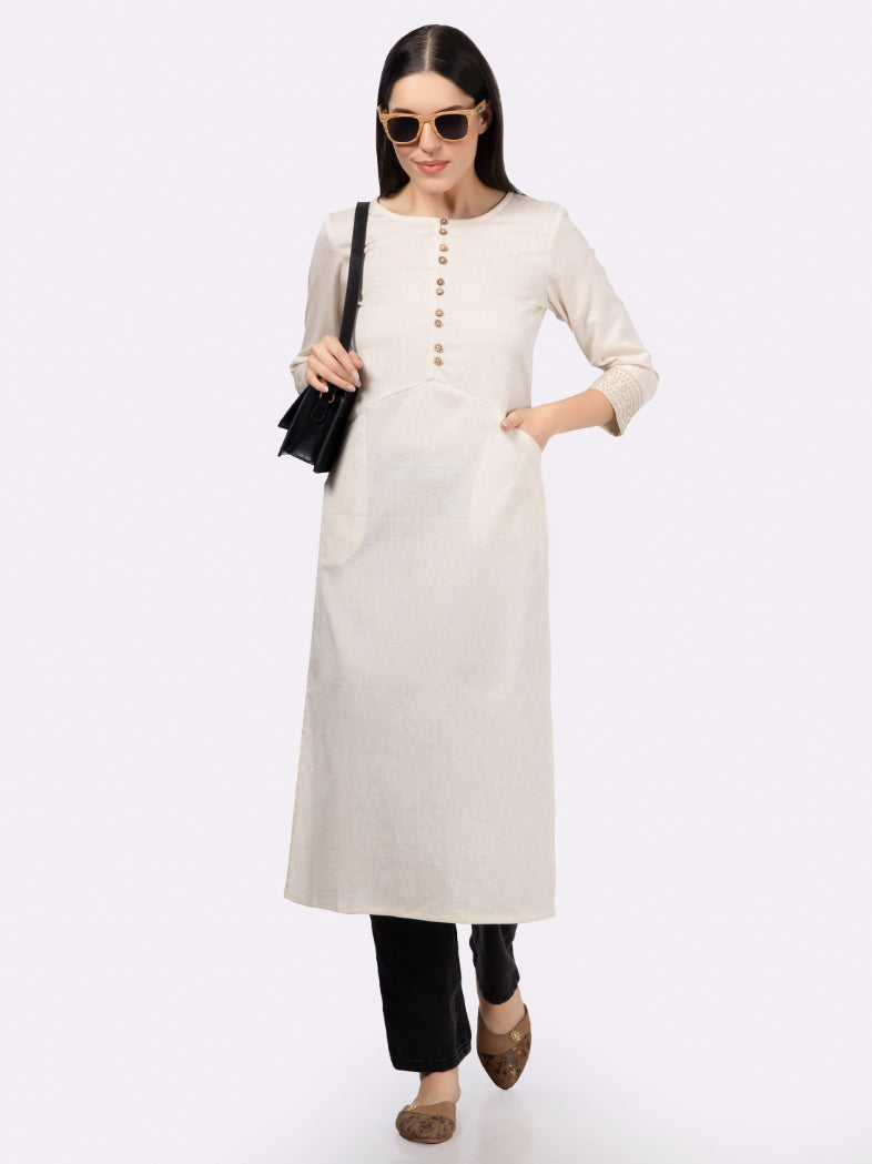 Off White Solid Cotton Kurta with Pockets & Sleeve Embroidery