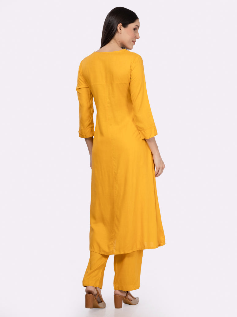 Yellow Rayon Slub Embroidered Yoke Kurta Set